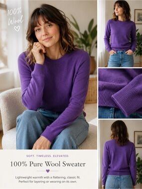 100% Pure Wool Crewneck Sweater - Purple